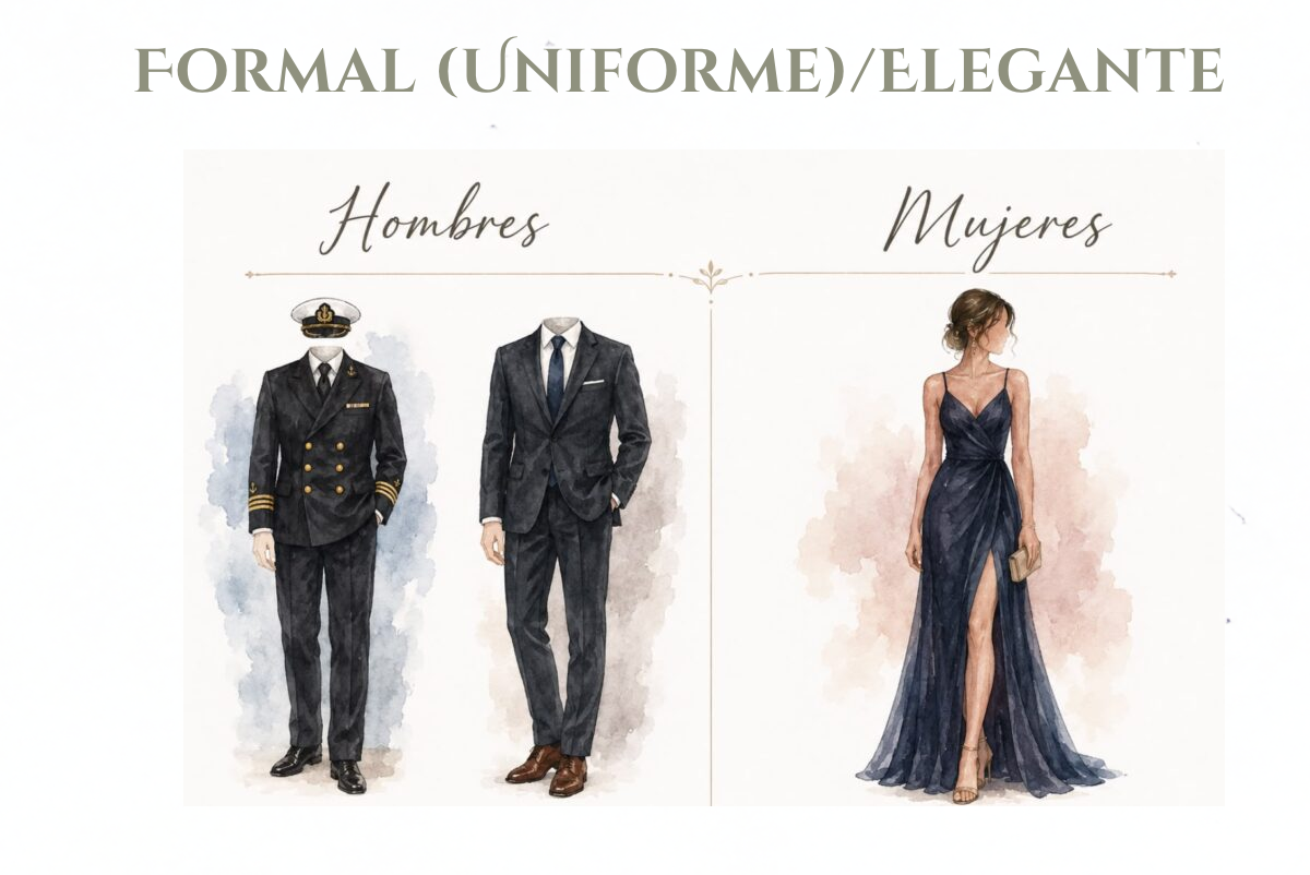 Ilustración del código de vestimenta: uniforme de gala y traje oscuro para ellos, vestido largo para ellas
